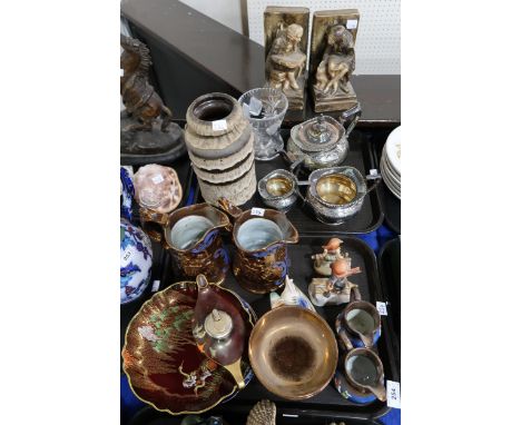 Assorted copper lustre, Hummel figures, three piece EPNS tea set, pair of plaster bookends etc Condition Report:Available upo