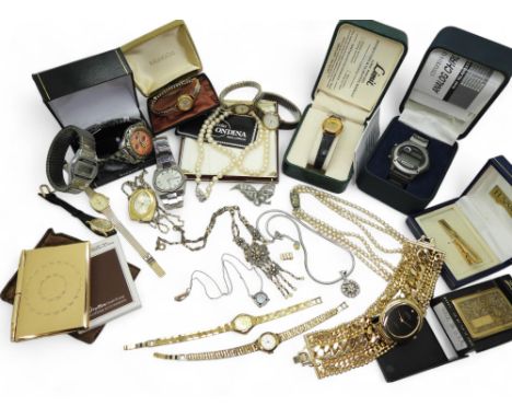 A collection of vintage watches and other items to include Seiko, a Stratton handbag notebook, a Zippo lighter, costume jewel