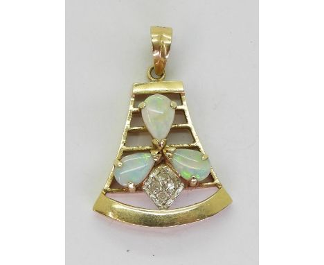 A 14ct opal and diamond accent pendant, length with bail 2.6cm, weight 2.4gms Condition Report:Available upon request