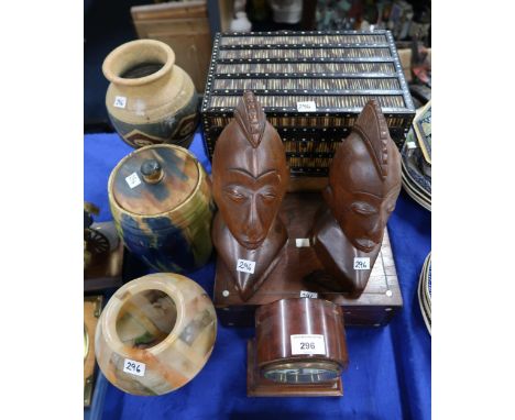 A porcupine quill box, other boxes, a inlaid mantle clock, carved African heads, a Scottish stoneware jar and cover etc Condi