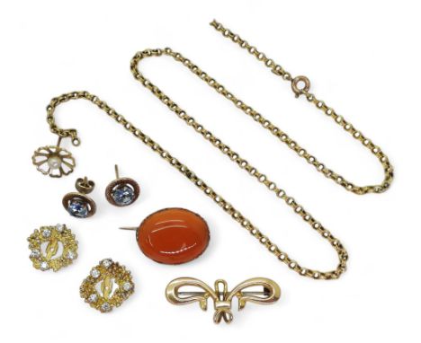 A vintage 9ct fancy belcher chain (af), length 41.5cm, a 9ct fob brooch, a pair and&nbsp; a half of 9ct earrings and a yellow
