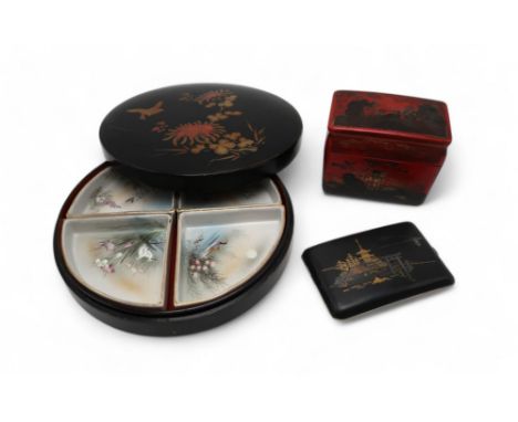 A Japanese 24k gold and silver inlaid cigarette case, a circular lacquer &amp; porcelain sweetmeat set, and a cinnabar lacque