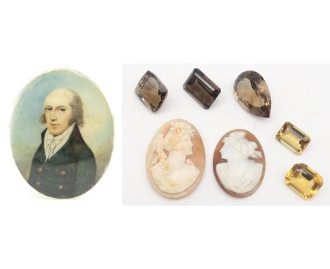 An early-19th century portrait miniature, painted on ivory, the subject, a grey-haired gentleman wearing a green coat with wh