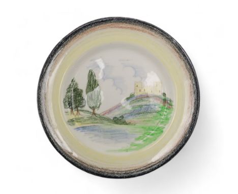 A Clarice Cliff crayon series plate, decorated with a castle on a hill Condition Report:Available upon request