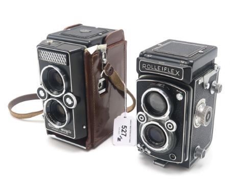 A Rolleiflex Twin-Lens Reflex camera, serial no. 112775, fitted with a Carl Zeiss Tessar lens, with an additional Heidosmat-R