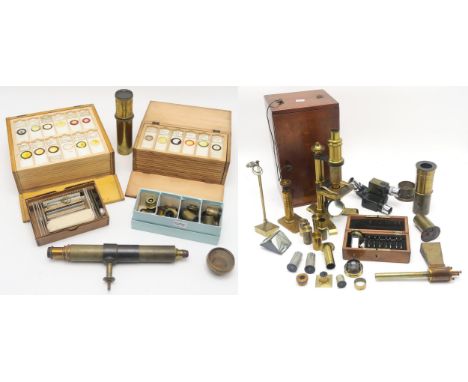 A lacquered brass microscope by J. Lizars of Glasgow, housed in a mahogany travel case; with a quantity of glass specimen sli