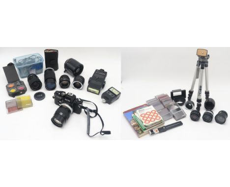 Camera equipment, to include Hoya HMC Zoom &amp; Macro 35-75mm 1:4 and Zoom 80-200mm 1:4 lenses, a Tamron SP Tele Macro 1:8 5