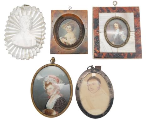 A portrait miniature of Charles I, after Sir Anthony Van Dyck; together with another of lady in a pink lace bonnet, signed 'R