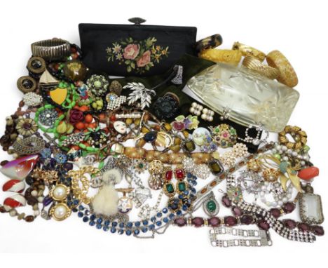 A silk handbag with hand embroidered flowers, and white metal marcasite clasp, an early Lucite handbag, and a collection of v