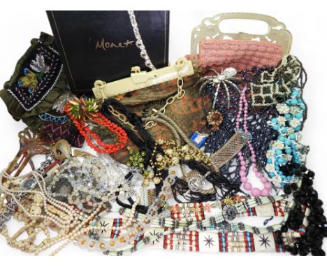 Three vintage handbags, one with a peacock Lucite handle, a further Ivorine plastic Deco example, a large diamante spider bro