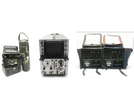 Two cased dosimeter readers by Fisher Controls Limited, an HP 180A oscilloscope set, a No. 1 contamination meter and a cased 