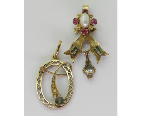 Two vintage pendants to include a 15ct aquamarine and pearl pendant, weight 1.4gms, and a yellow metal ruby, faux pearl and m