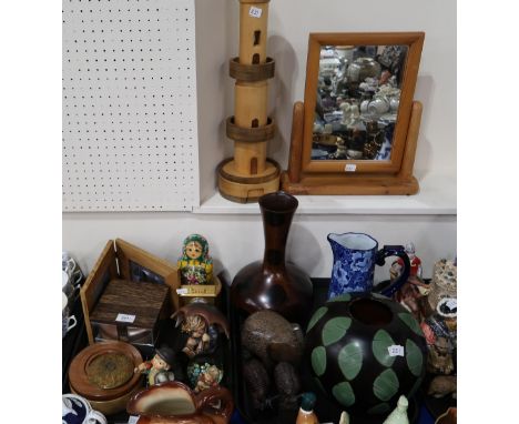 Assorted treen including frames, mirror, boxes etc, Hummel figures including Girl under an umbrella, snail door stops, stone 