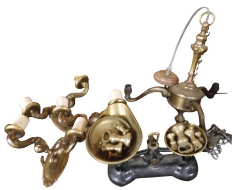 A lot comprising a three branch chandelier, three two branch wall sconces and a set of Librasco scales and weights (4) Condit