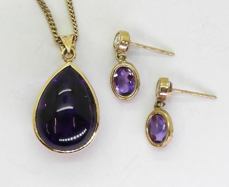 A 46cm long 9ct gold curb chain with a mixed cut amethyst pendant and a pair of earrings, weight together 7.2gms Condition Re