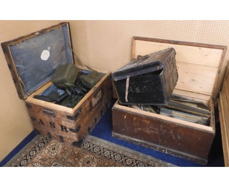 A lot consisting an early 20th century metal bound chest and another pine chest both containing assorted scientific instrumen