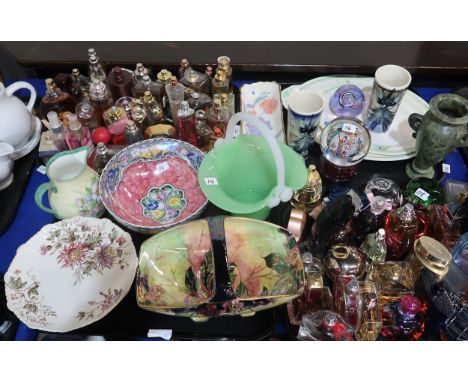 A Royal Winton basket, a Maling crocus pattern bowl, an opaque glass and white glass basket, a pair of Jersey pottery cat dec