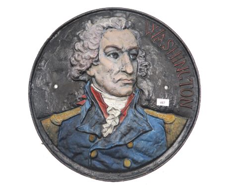 A substantial cast iron roundel portrait plaque depicting American President George Washington, cast "WR" (for William Rush) 