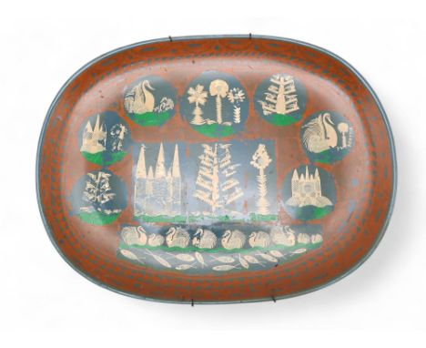 A Scottie Wilson hand painted bird and tree pattern on a Poole pottery blank oval platter&nbsp; Condition Report:Available up