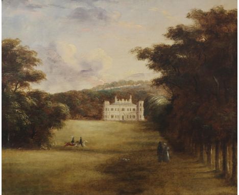 SCOTTISH SCHOOL CIRCA 1850 &nbsp;FIGURES IN PARKLAND BY A COUNTRY HOUSE &nbsp;Oil on canvas, lunette, 49 x 59cm&nbsp; &nbsp;N
