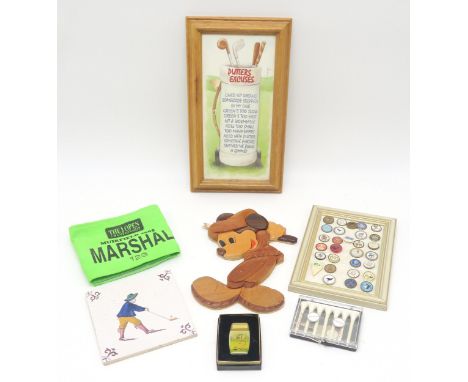 A small collection of golfing memorabilia, comprising a Muirfield 2002 Open Championship Marshall's armband, reproduction Del