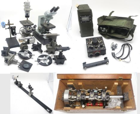 Assorted laboratory equipment, to include a Watson Microsystem 70 microscope and related clamps, sights etc. (3 boxes) Condit
