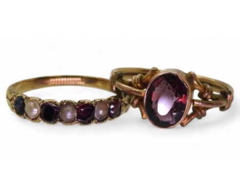 A yellow metal vintage garnet &amp; pearl ring, size N1/2, together with a 9ct gold purple gem set ring, size P1/2, weight to