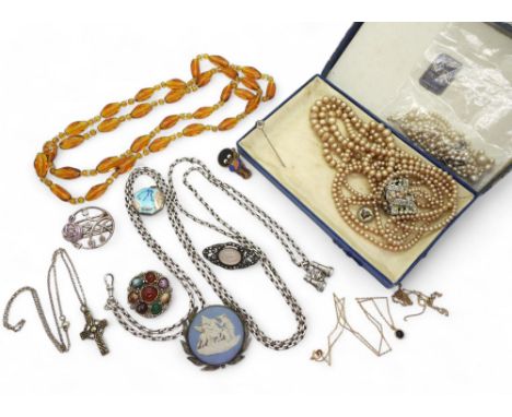 A white metal guard chain with attached&nbsp; binocular pendant/charm, a vintage Wedgwood plaque pendant brooch featuring Peg