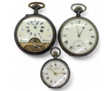 A gunmetal Hebomas 8 days pocket watch with a decorative enamelled dial, together with a continental silver ladies fob watch,