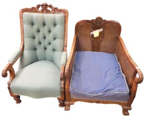 A lot comprising a late Victorian mahogany framed button back upholstered slipper chair, 99cm high and an early 20th century 