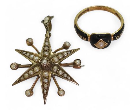 An 18ct gold mourning ring, with black enamel and a pearl, hallmarked London 1884, finger size N1/2, weight 3.4gms, together 