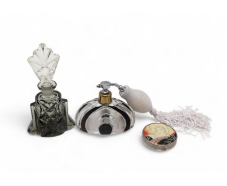 An Art Deco glass atomiser, a Czechoslovakian glass scent bottle and a Atkinsons powder compact Condition Report:Available up