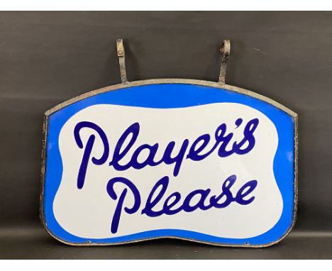 A Player's Please double sided shaped enamel sign in original hanging frame, superb gloss, 28 x 20".