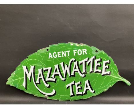 A very rare Mazawattee Tea double sided leaf-shaped enamel sign with excellent gloss, some minor older retouching, 21 x 10".