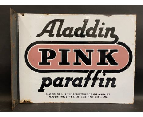 An Aladdin Pink Paraffin rectangular double sided enamel sign with hanging flange, good gloss, 18 x 14".