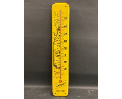 An enamel thermometer advertising Schweppes, probably of later manufacture, marked Sorev Paris to the right edge, 4 3/4 x 26 