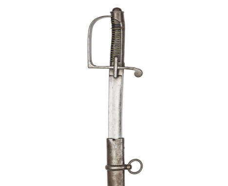 A late 18th century continental cavalry trooper’s sword,  curved shallow fullered blade 33”, heavy steel stirrup hilt, large 