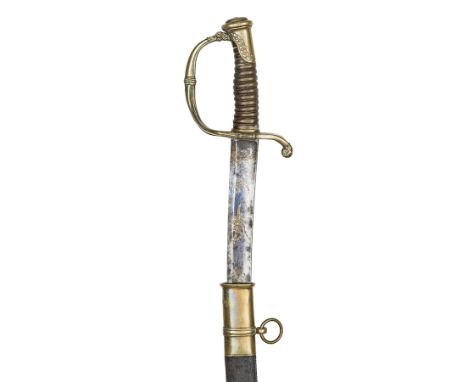 A French infantry officer’s sword, c 1850, curved fullered blade 29½”, with maker’s initials S & K (? unclear) in semi circle