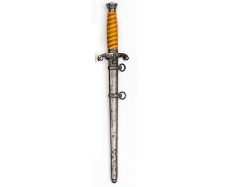 A Third Reich Army officer’s dagger,  by Eickhorn, with orange grip and silver plated hilt and sheath. GC (slight bubbling to