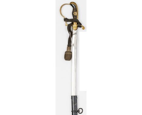 A Third Reich Army officer’s sword, plated blade 33¾”, by Alcoso, Solingen, the brass hilt engraved with oak leaves on knuckl