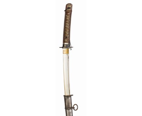 A WWII Japanese NCO’s sword, blade 27”, with narrow back fuller and numbered 53958, alloy simulated cord bound grip with spri