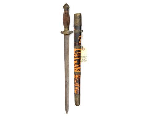 A Chinese shortsword, blade 16”, brass mounted hilt, with swollen lined wooden grip, and tortoiseshell covered scabbard, the 