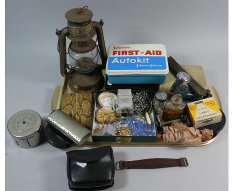 A Tray of Sundries to Include Cash Tin, Hand Warmer, Vintage Stapler, Costume Jewellery, Hurricane Lamp, Binoculars etc 