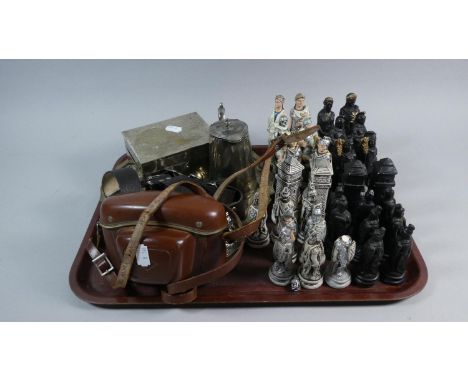 A Tray Containing Vintage Leather Cased Camera, Resin Roman Style Chess Pieces, Silver Plated Tray, Box and Jug, Scout Belt e