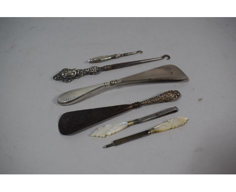 A Collection of Silver and Mother of Pearl Handled Manicure Tools, Shoehorn etc 