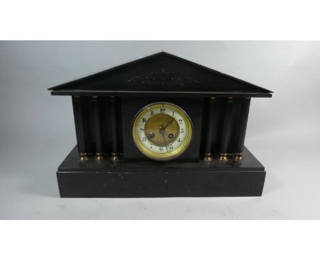 A French Black Slate Mantle Clock of Architectural Form with Eight Day Movement, 41cm Wide 