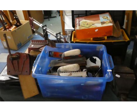 A Collection of Tools to Include Two Work Bench Vices, Spanners, Power Sander, Toolbox Etc 