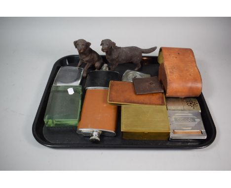 A Tray of Vintage Curios to Include Hip Flasks, Handwarmer, Paperweights, Dog Ornaments etc 