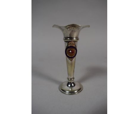 A Silver Plated Miniature Trumpet Vase with White Star RMS Doric Enamel Mount, 9.5cm High 