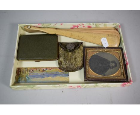 A Collection of Curios to Include Vintage Fan, Animal Skin Coin Purse, Leather Purse, Victorian Photograph Etc 